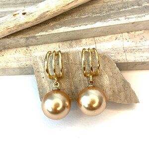 NEW~ Anthropologie Triple Gold Hoop Caramel Pearl Dangle Earrings